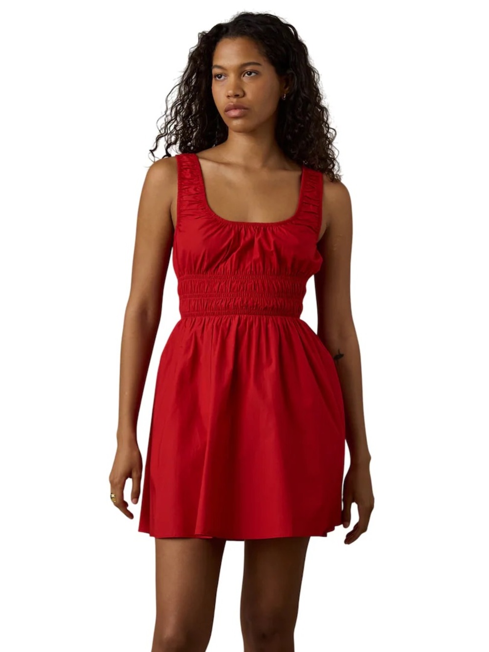 Faherty Red Smocked Waist Scoop Neck Mini Dress